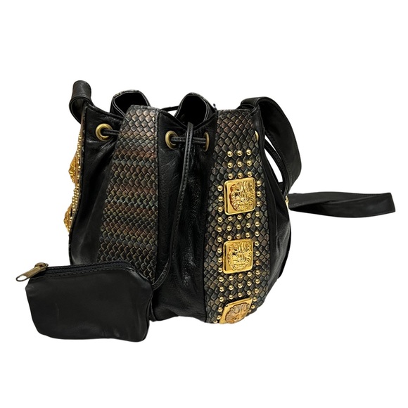 ST. MAARTEN Dallas 90s/Y2K Black/Multi Color Snake Embossed Leather Bucket Bag - Picture 6 of 13